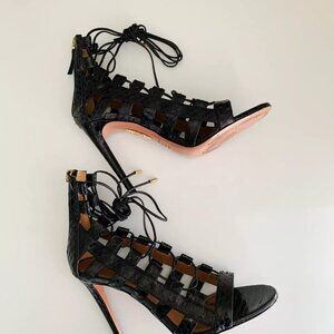 Women's AQUAZZURA Amazon Black Python Leather Strappy Lace Up Sandals Size 8